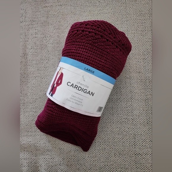 Chenille Cardigan Women's Large Open Front Raspberry - Picture 8 of 8